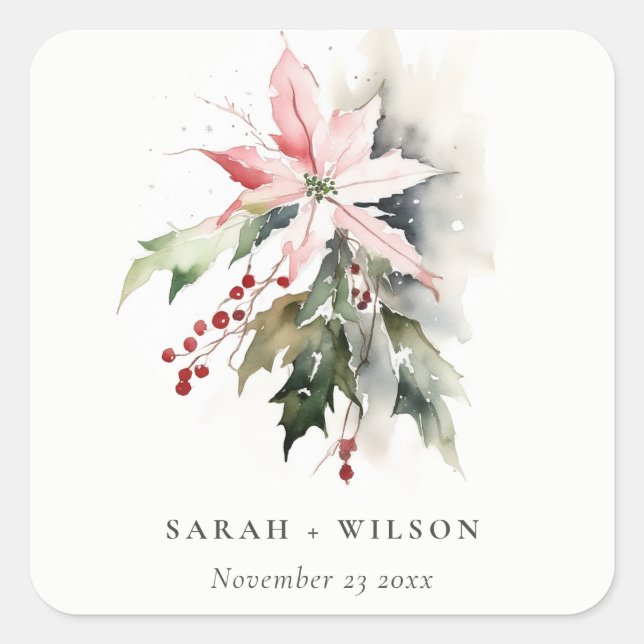 Poinsettia Berries Foliage Water color Wedding Quadratischer Aufkleber (Vorderseite)