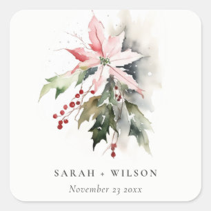 Poinsettia Berries Foliage Water color Wedding Quadratischer Aufkleber