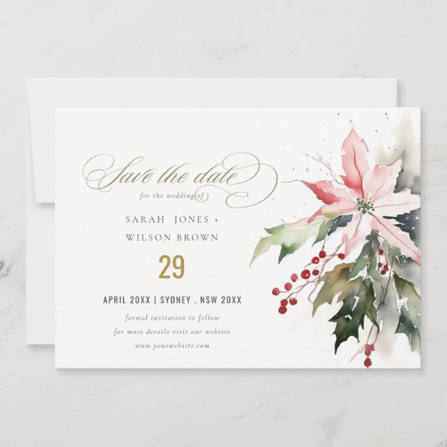 Poinsettia Berries Foliage Water color Wedding Save The Date (Vorderseite)