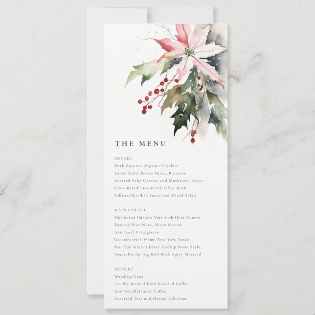 Poinsettia Berries Foliage Wedge Menu Card Einladung (Vorderseite)