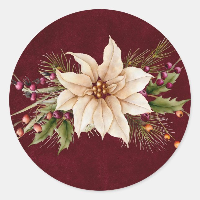 Poinsettia & Berries Hochzeit Runder Aufkleber (Vorderseite)
