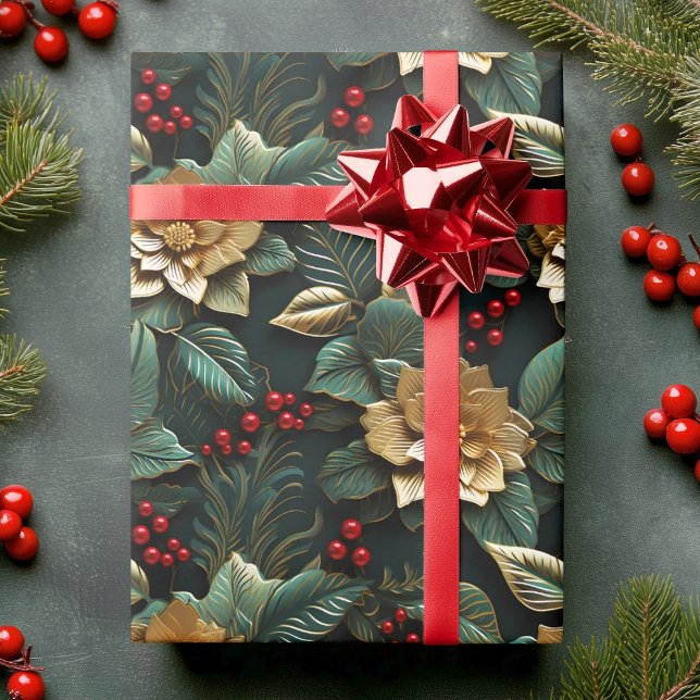 Poinsettia Blume in Gold 3D in Green | Weihnachten Geschenkpapier (Poinsettia Flower in Gold 3D in Green | Christmas Wrapping Paper)