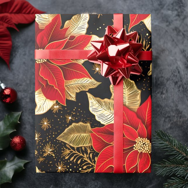 Poinsettia-Blume in Gold-Leaf | Weihnachten Geschenkpapier (Poinsettia Flower in Gold Leaf Black | Christmas Wrapping Paper)