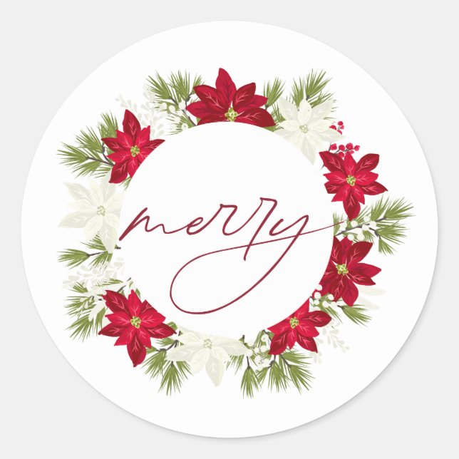 Poinsettia Blume und Pine Round Merry Runder Aufkleber (Vorderseite)