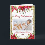 Poinsettia-BlumenFoto-Weihnachtsgoldfalte Feiertagskarte<br><div class="desc">Elegantes Watercolor-Poinsettia-Blumenfamilien-Foto-Weihnachten gefaltete Karte - GoldGlitzer,  rotes Skript</div>