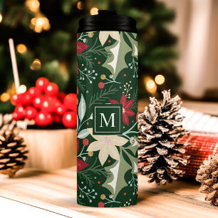 Poinsettia-Botanisches-Blumen-Weihnachts-Monogramm Thermosbecher