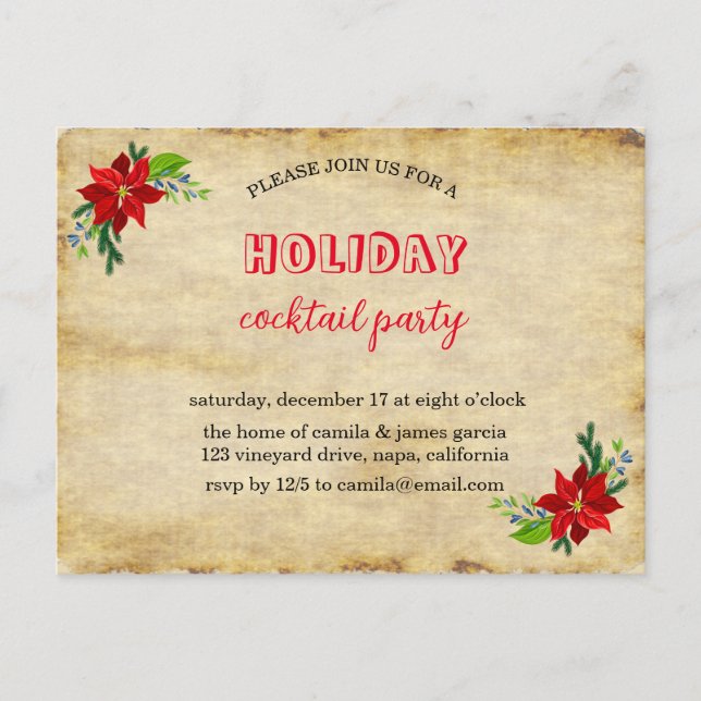 Poinsettia Bouquet, Weihnachtsgebäck im Party Vint Einladungspostkarte (Vorderseite)