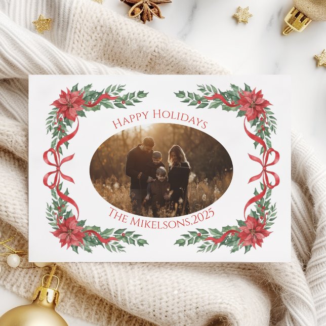 Poinsettia Bow Photo Christmas Feiertagskarte (Von Creator hochgeladen)