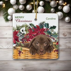 Poinsettia Chocolate Labrador Weihnachtskorb Keramikornament