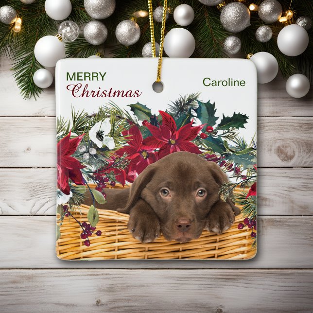 Poinsettia Chocolate Labrador Weihnachtskorb Keramikornament (Von Creator hochgeladen)