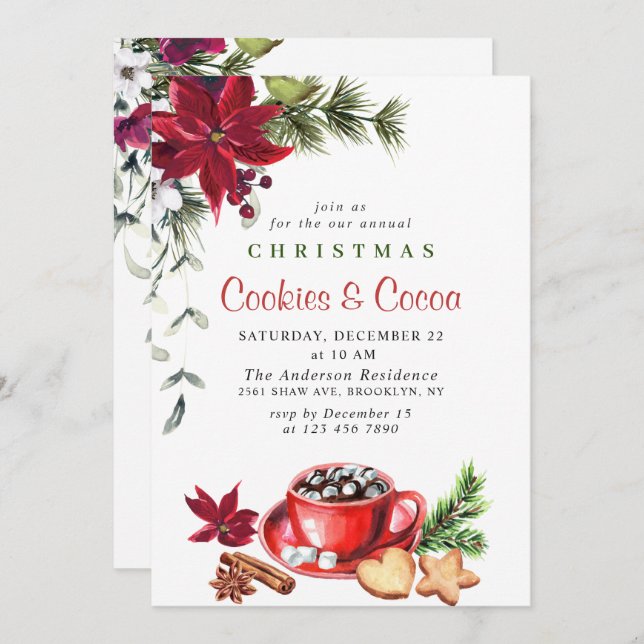 Poinsettia Christmas Cookies & Cocoa Holiday Party Einladung (Vorne/Hinten)