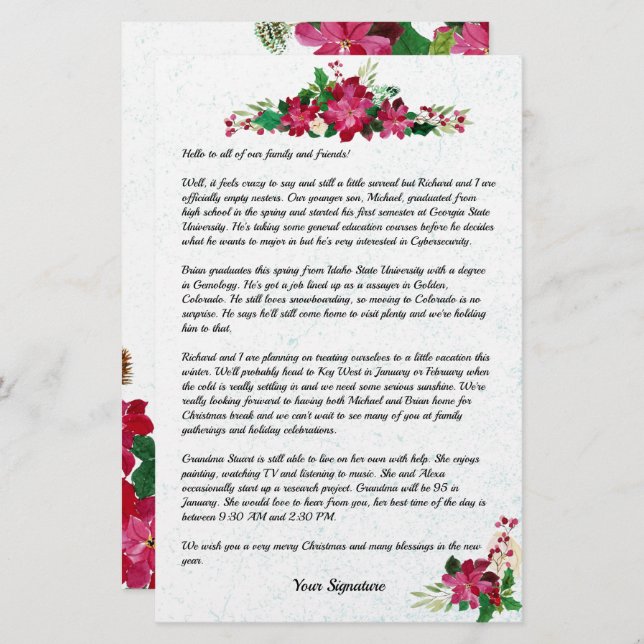 Poinsettia Christmas Family Newsletter - Ihr Text Briefpapier (Vorne/Hinten)