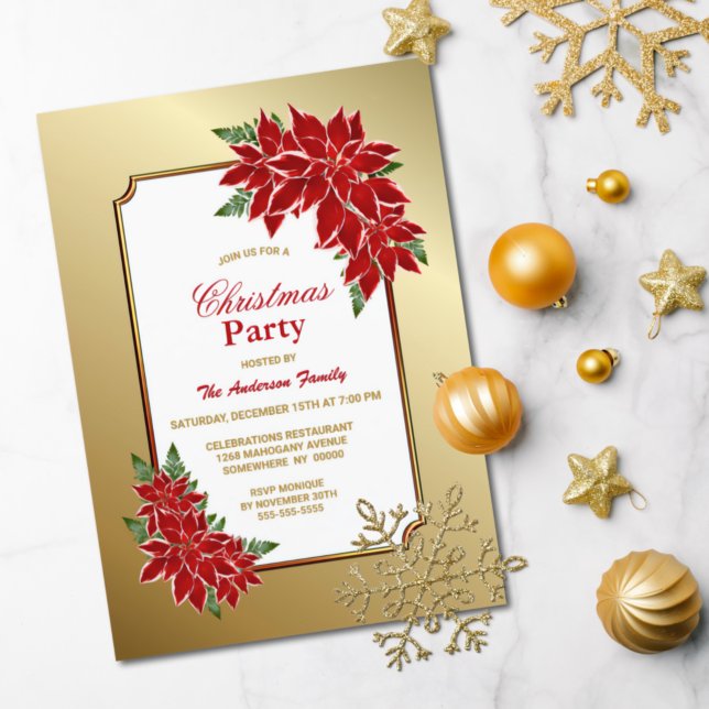 Poinsettia Christmas Party Gold Borden Einladung (Von Creator hochgeladen)