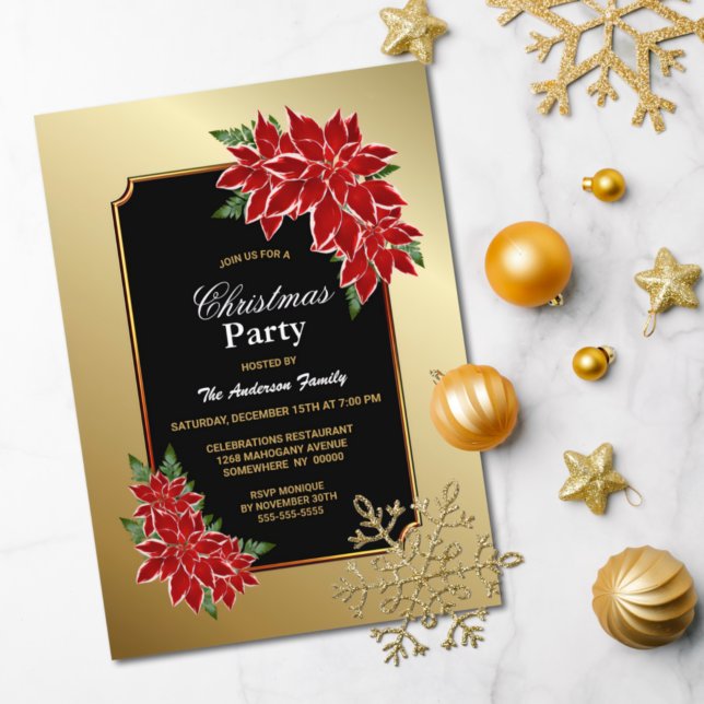 Poinsettia Christmas Party Gold Borough Black Einladung (Von Creator hochgeladen)