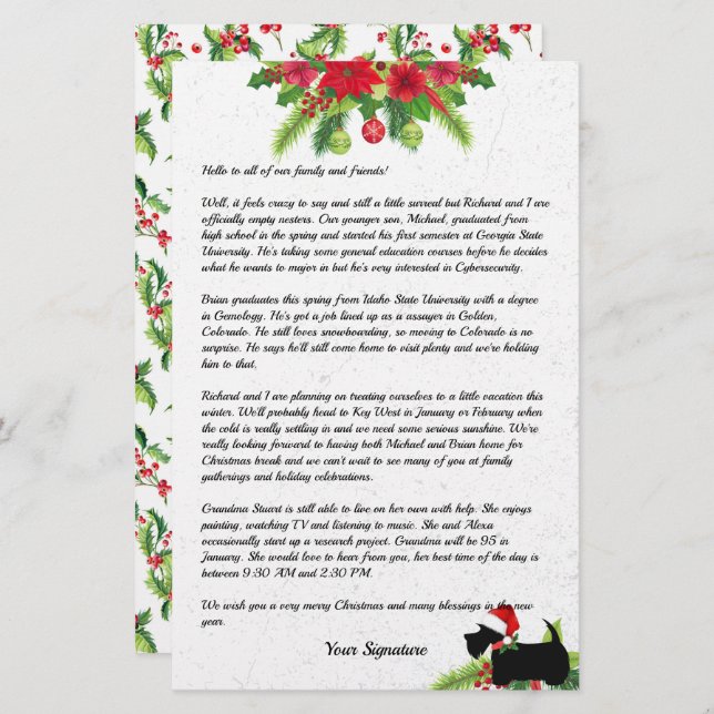Poinsettia Christmas Scott Family Newsletter Briefpapier (Vorne/Hinten)