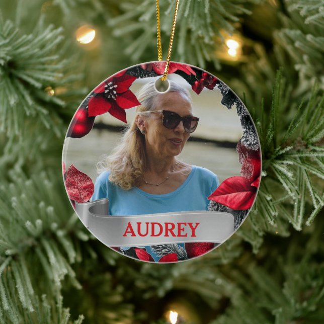 Poinsettia Christmas Wreath ANY Photo Tree Keramik Ornament (Baum)