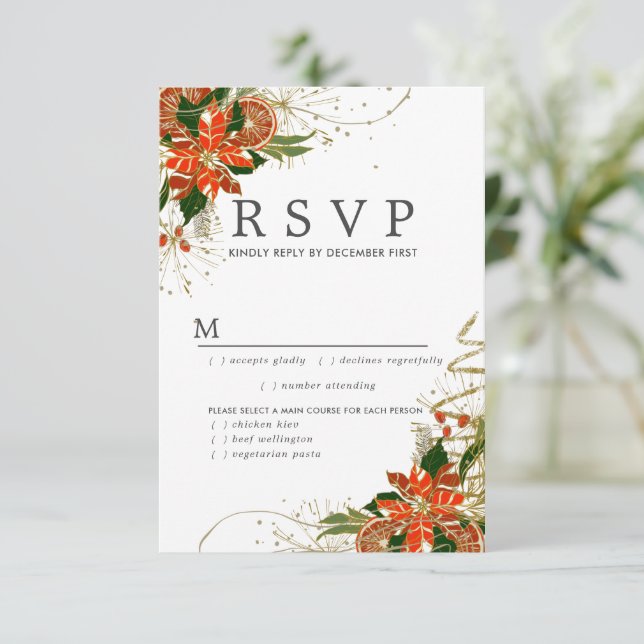 Poinsettia Citrus Gold Christmas RSVP Card Karte (Stehend Vorderseite)
