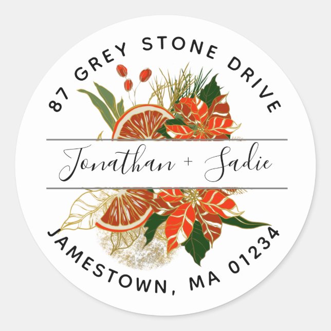 Poinsettia Citrus Rücksendeadresse Runder Aufkleber (Vorderseite)