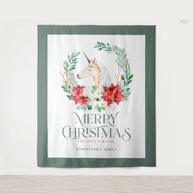 Poinsettia Einhornkranz und Weihnachtstypografie Wandteppich (Vorderseite)