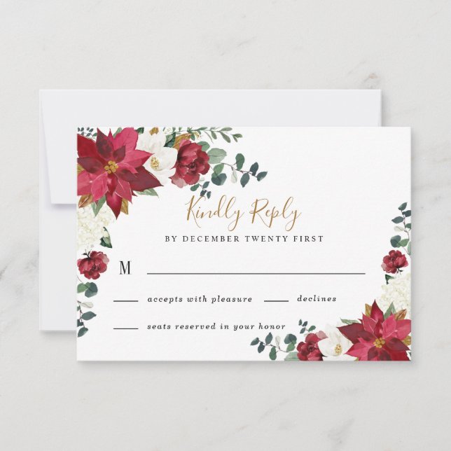 Poinsettia Elegant Red Gold White Floral Wedding RSVP Karte (Vorderseite)