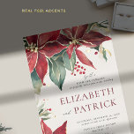 Poinsettia Elegante Christmas Winter Gold Wedding Folieneinladung<br><div class="desc">Diese Weihnachtsfeiereinladung erweckt mit seinem kühnen Poinsettia-Design das Wesen der Eleganz, perfekt für ein zauberhaftes und raffiniertes Fest. Die tiefburgundischen Rot- und Grüntöne der Poinsettias kontrastieren wunderschön mit einer zarten, elfenbeinweißen Kulisse und schaffen einen auffallenden und festlichen Look, der durch die echten Goldfoliendetails der Blume noch verstärkt wird. Ideal für...</div>