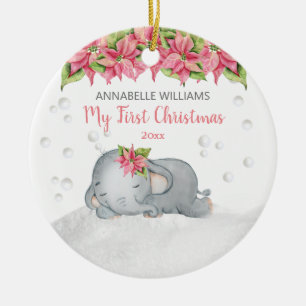 Poinsettia Elephant Baby's 1. Keramik Ornament