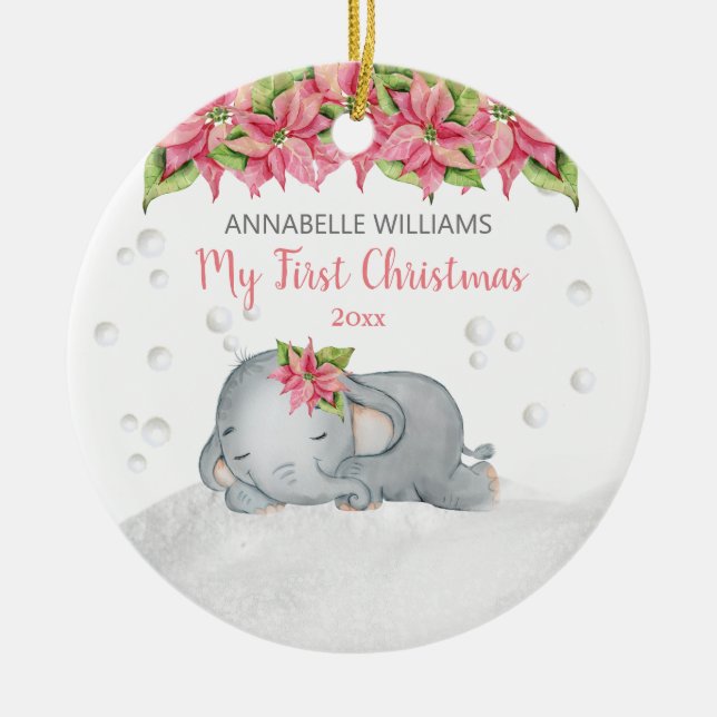 Poinsettia Elephant Baby's 1. Keramik Ornament (Vorne)