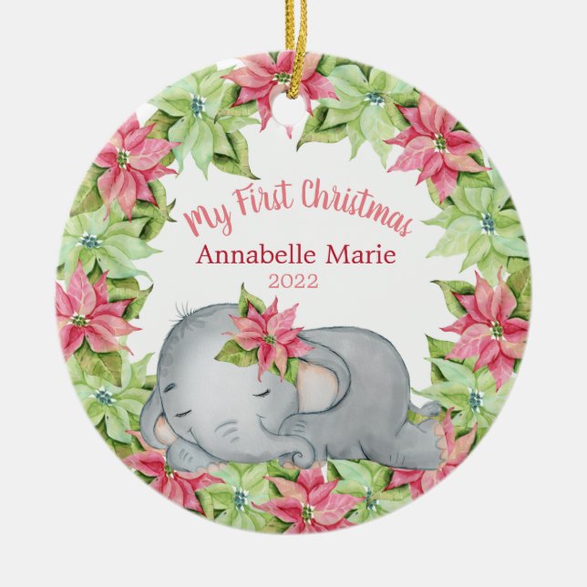 Poinsettia Elephant Baby's 1. Keramik Ornament (Vorne)