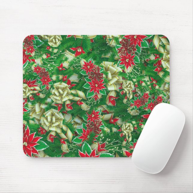 Poinsettia Fir Blätter Ribbons Blumenweihnachtsfes Mousepad (Mit Mouse)