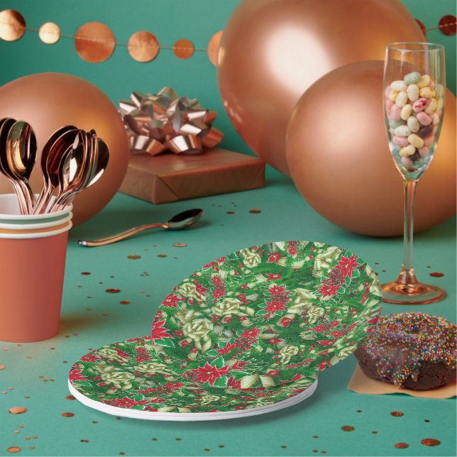 Poinsettia Fir Blätter Ribbons Blumenweihnachtsfes Pappteller (Multi)