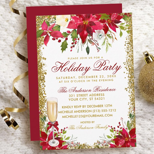 Poinsettia Floral Champagne Glass Holiday Party Einladung (Customize to change text color, size, style or to change color of back of card.)