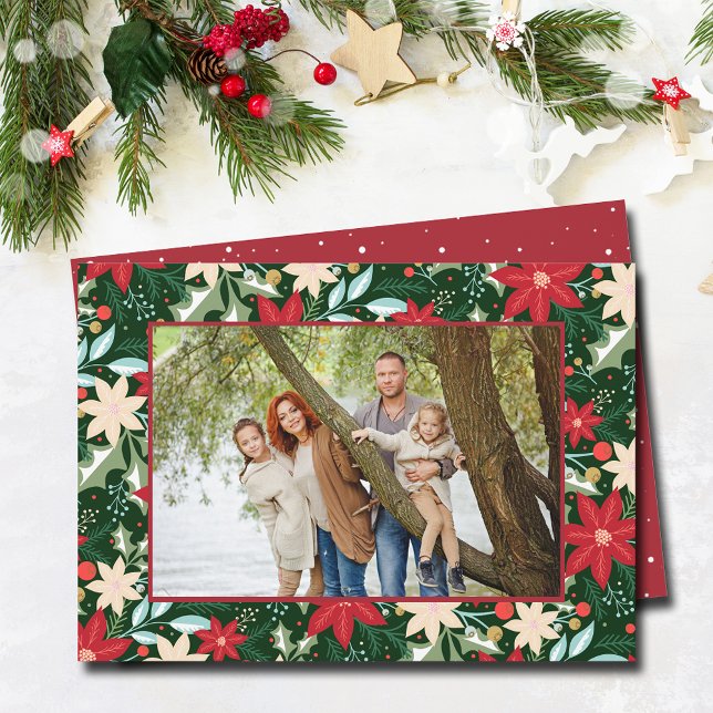 Poinsettia Floral Christmas Foto Feiertagskarte (Poinsettia floral Christmas  holiday photo cards)