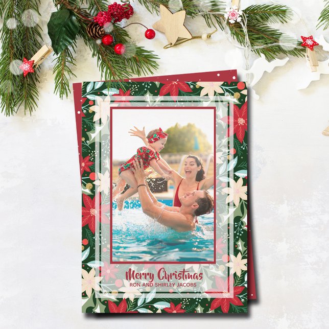 Poinsettia Floral Christmas Foto Feiertagskarte (Poinsettia floral Christmas  holiday photo cards)