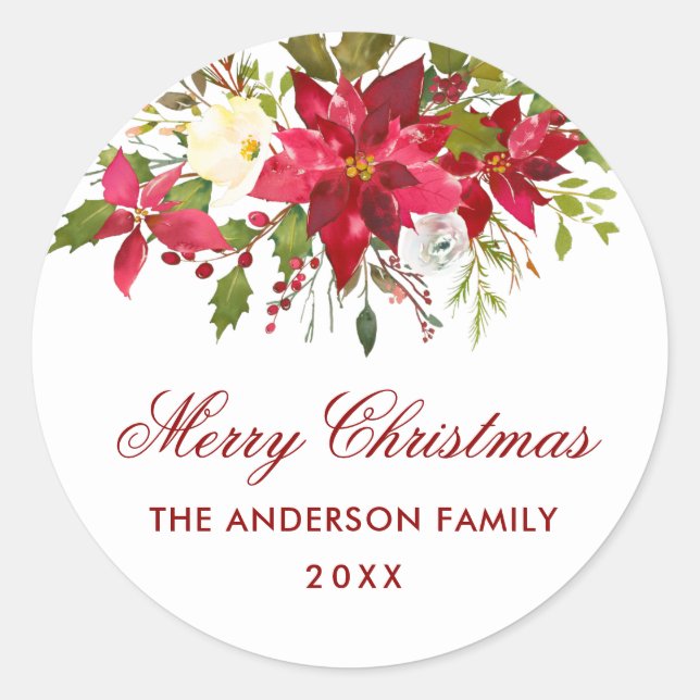 Poinsettia Floral Christmas Roter Umschlag Aufkleb Runder Aufkleber (Vorderseite)