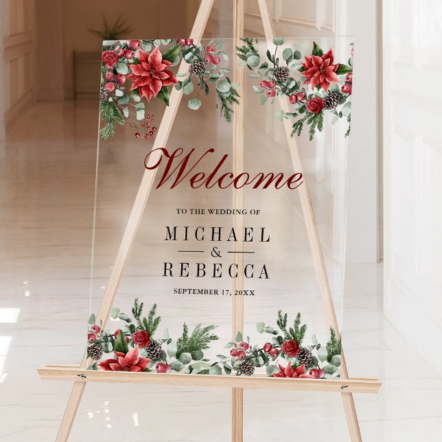 Poinsettia Floral Christmas Wedding Welcome Acrylschild (Von Creator hochgeladen)
