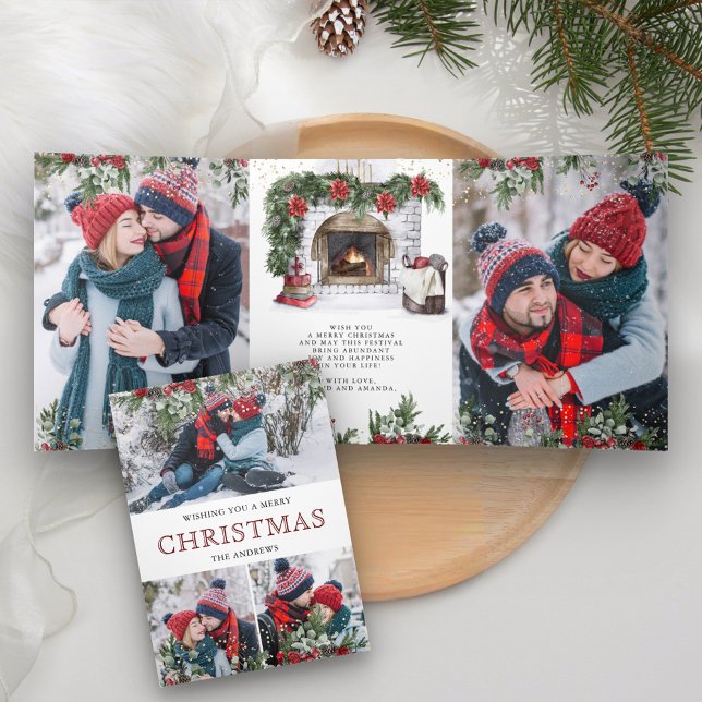 Poinsettia Floral Fireplace Foto Weihnachten Dreifach Gefaltete Urlaubskarte (Von Creator hochgeladen)