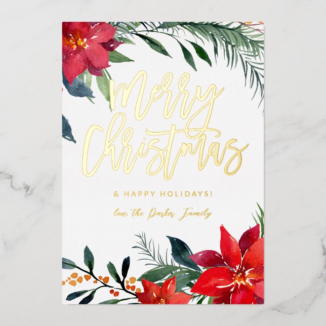 Poinsettia Floral Foto Glitzer Frohe Weihnachten Folieneinladung (Vorderseite)