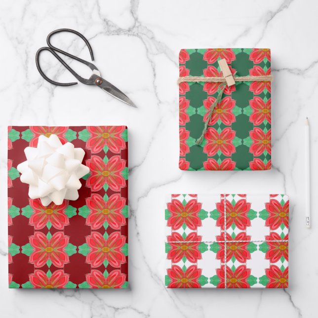Poinsettia Floral Gemustert Geschenkpapier Set (Vorderseite)