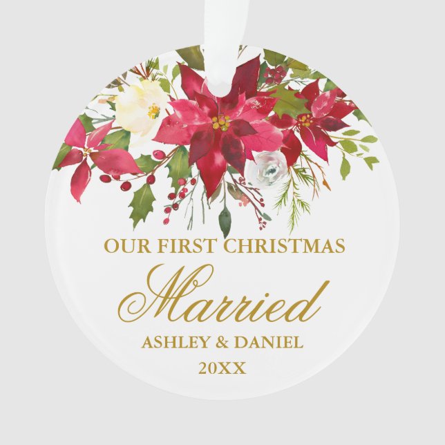 Poinsettia Floral Gold Erster Weihnachtswein Verhe Ornament (Vorderseite)