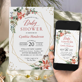 Poinsettia Floral Gold Frame Winter Baby Dusche Einladung