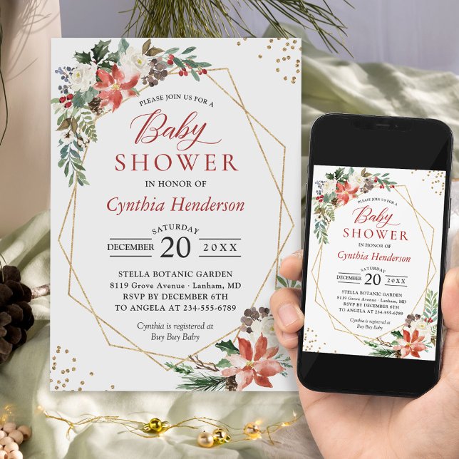 Poinsettia Floral Gold Frame Winter Baby Dusche Einladung (Perfect choice for a winter-themed baby shower, allowing you to set the stage for a joyful time.)