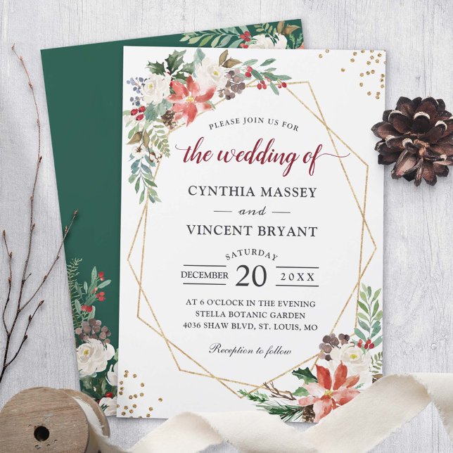 Poinsettia Floral Gold Geometric Frame Wedding Einladung (Von Creator hochgeladen)