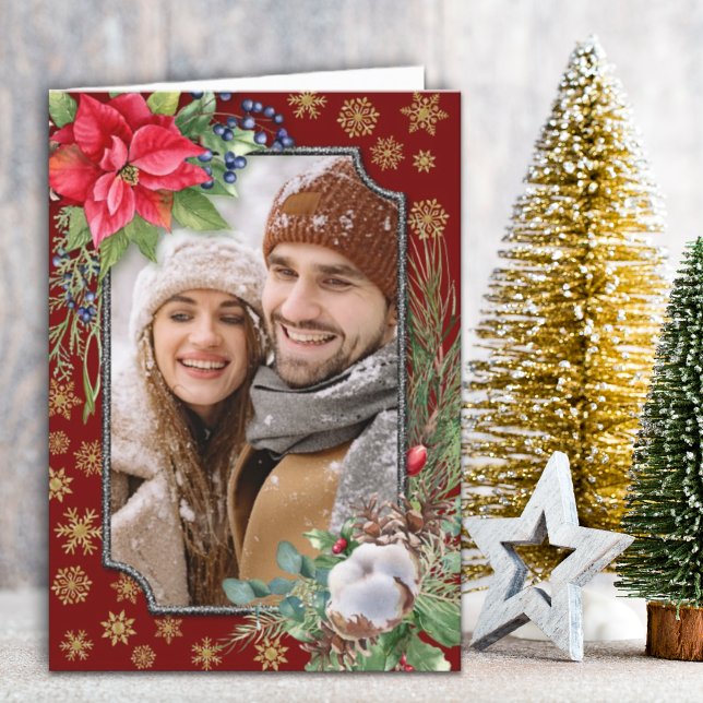 Poinsettia Floral Gold Snowflakes Feiertagskarte (Von Creator hochgeladen)