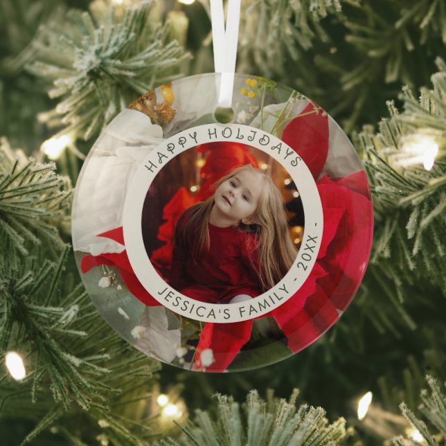 Poinsettia Floral Happy Holiday Photo Ornament Aus Glas (InSitu)