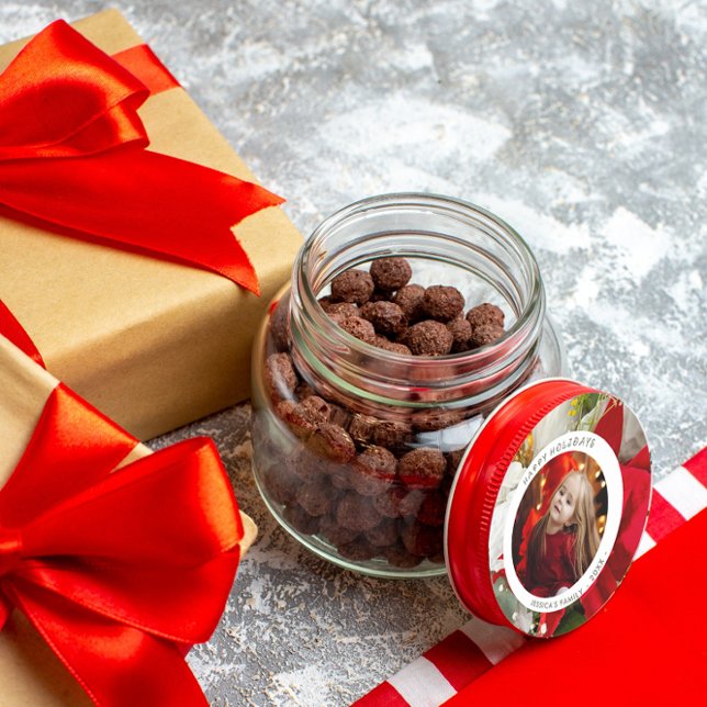 Poinsettia Floral Happy Holiday Photo Runder Aufkleber (Von Creator hochgeladen)