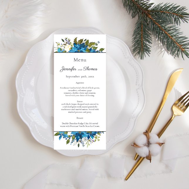 Poinsettia Floral Wedding Menu | Türkisblau Menükarte (Von Creator hochgeladen)