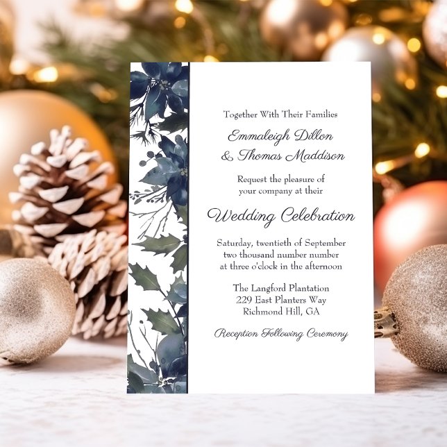 Poinsettia Floral Wedding | Navy Blue Einladung (Von Creator hochgeladen)