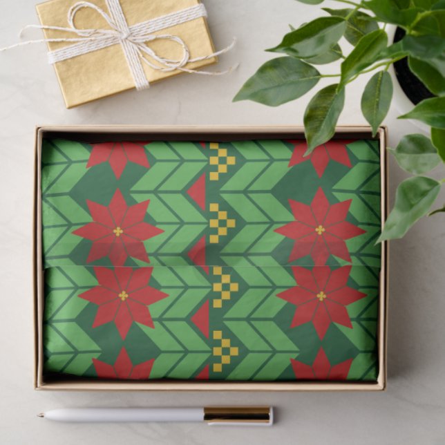 Poinsettia Flowers Red Gold and Green Holiday Seidenpapier (Geschenk)