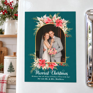 Poinsettia Foto Teal Rustikal Frischvermählte Weih Magneteinladung