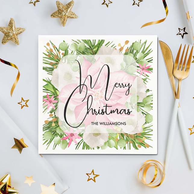 Poinsettia Frohe Weihnachts-Party Serviette (Pink Poinsettia Merry Christmas Party Napkins)